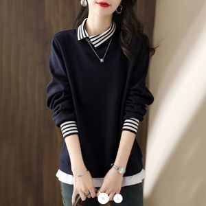 Korean Style Navy Blue Paneled Long Sleeve Shift Sweatshirt - New